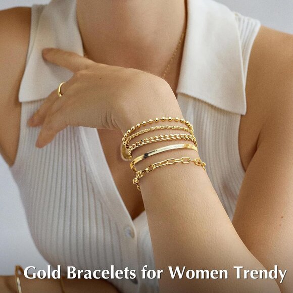 Gold Bracelets for Women Non-Tarnish Dainty Chunky Stackable Cuff Bangle Jewelry - Picture 2 of 8